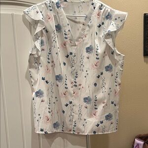 Elegant Floral Ruffle Sleeve Blouse - White and Blue